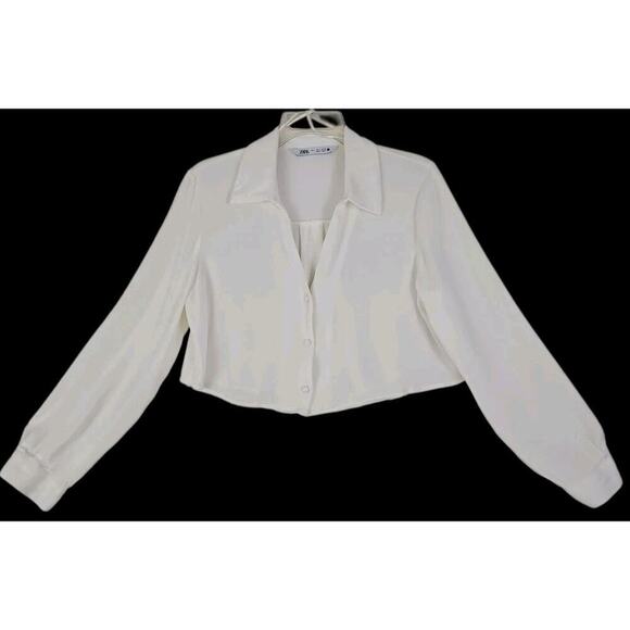 ZARA~Woman Sz. M~White Sutin Effect Cropped Button-Down Silky Shirt Long Sleeve - Picture 5 of 11